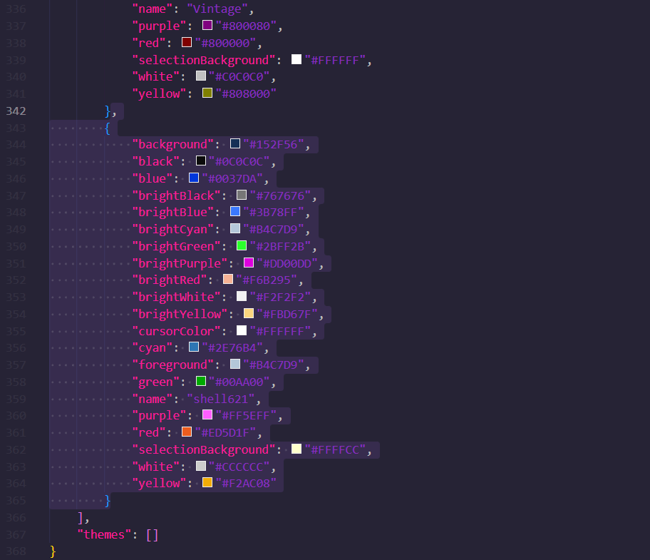 The shell color codes inserted into settings.json