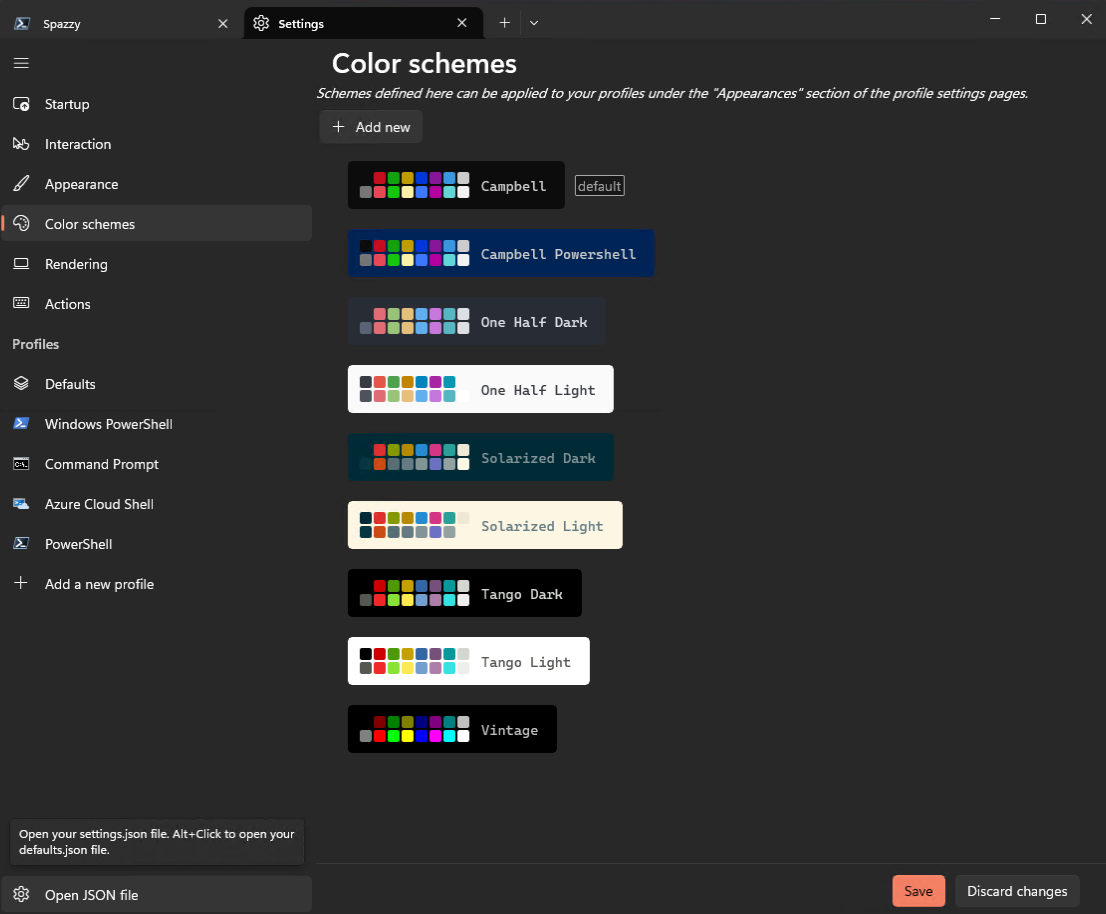 The color schemes settings page